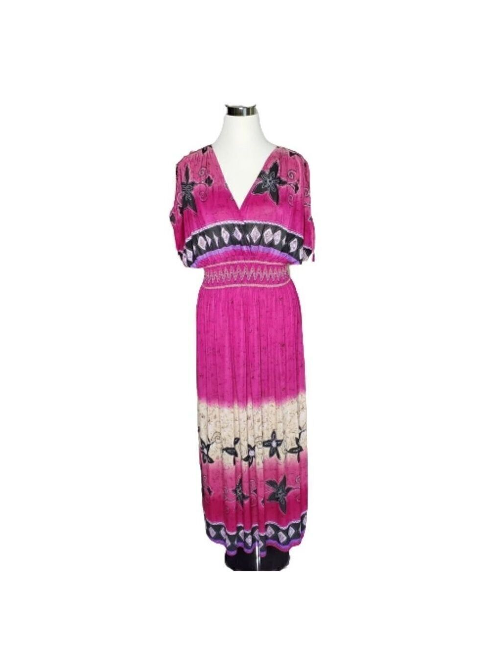 jessica Taylor Pink Floral Pullover V-Neck Back Smocked Waist Midi Dress Large - Picture 2 of 7